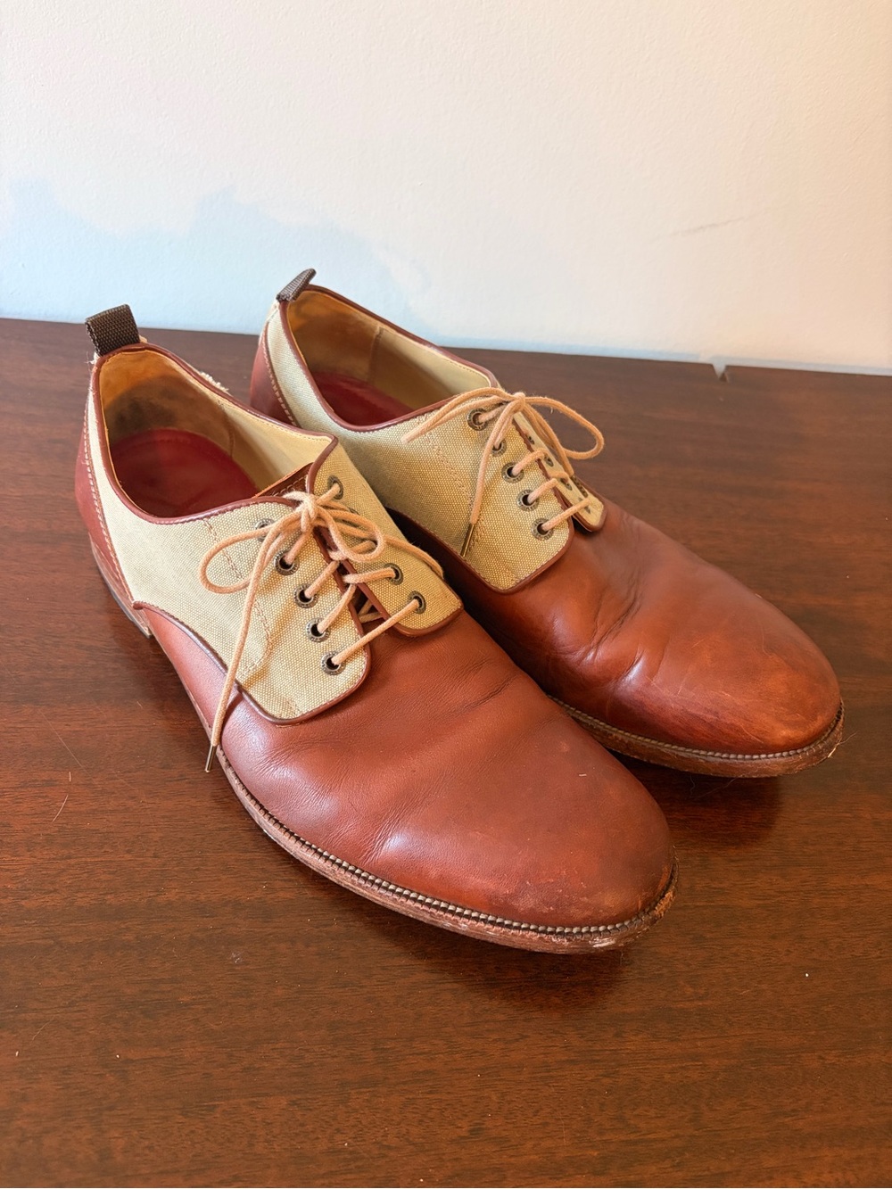 Johnston & Murphy Two-Tone Brown Leather and Cream Canvas Saddle Oxfords